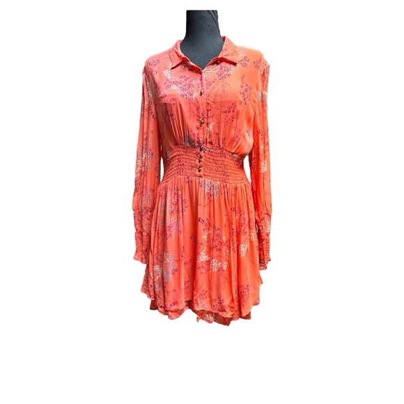 Free People Coquette Priest Sleeve Orange Floral Mini Dress Size Medium - Picture 1 of 9